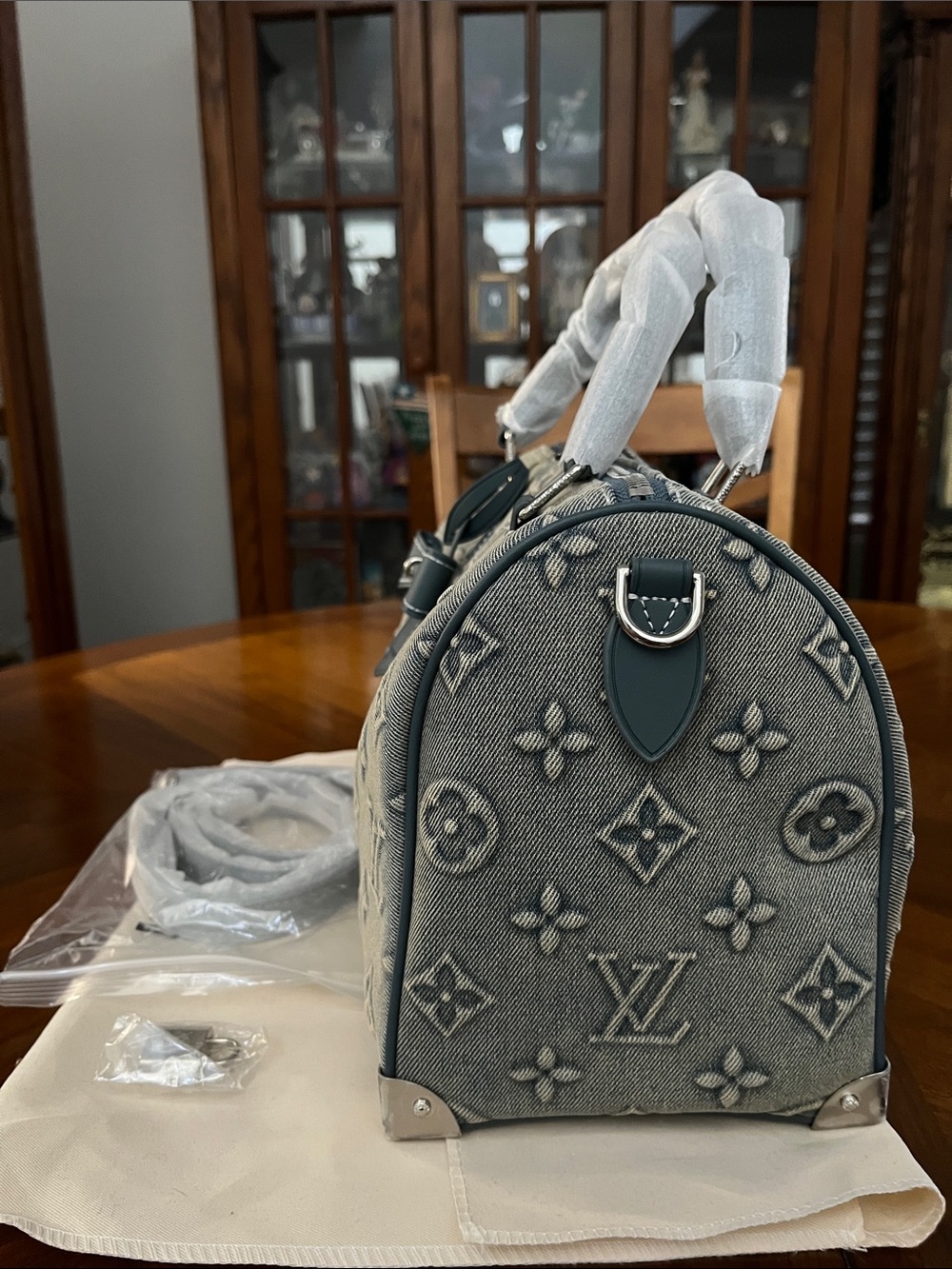 Bluish Gray Tone Embossed Denim 25 Speedy with Silver Hardware! - Picture 2 of 12